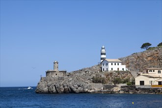 Punta de sa Creu with the lighthouse Sa Creu and remains of the lighthouse Bufador, Port de Soller, Majorca, Balearic Islands, Spain, Europe