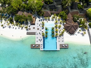 Aerial View, Paradise Island with Water Bungalows, Indian Ocean, Lankanfushi, North Male Atoll, Maldives, Asia