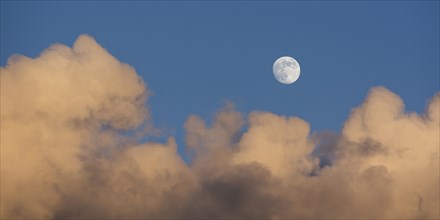 Rising full moon in the evening sky with reddish clouds
