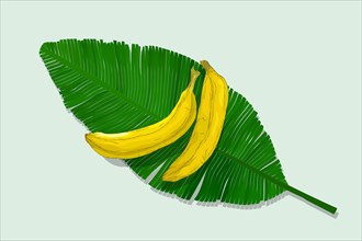 Two bananas over a green leaf, vector illustration