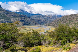 View from the Mirador Tehuelche viewpoint of the Rio Ibanez river valley, Cerro Castillo National Park, Aysen, Patagonia, Chile, South America