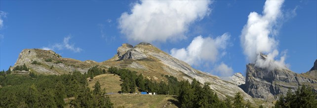 Panoramic view over Alp Loutse above Ovronnaz to the peaks Pointe de Chemo, La Comoneau and Dent de Chamosentze, Bernese Alps, Ovronnaz, Valais, Switzerland, Europe
