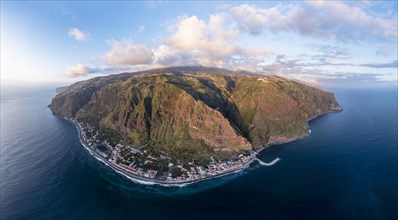 View over the island, aerial view, coast with cliffs, houses below, Paul do Mar, Madeira, Portugal, Europe