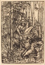 Hunter on horseback hunting a wild boar, painting by Lucas Cranach the Elder, 4 October 1472, 16 October 1553, one of the most important German painters, graphic artists and letterpress printers of th...