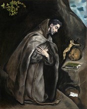 Francis of Assisi, Francis of Assisi, Latin Franciscus de Assisio, kneels in meditation in front of the cross, painting by El Greco, Domenico Theotokopouls