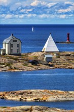 Old pilot station Kobba Klintar with museum and exhibition building in the shape of a pyramid, small island in the archipelago, harbour entrance Mariehamn, Aland Islands, Gulf of Bothnia, Baltic Sea, ...