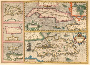 Atlas, map from 1623, Central America, Caribbean, Cuba, Hispaniola Haiti, Jamaica, Isla Margerita, Ioannis, digitally restored reproduction from an engraving by Gerhard Mercator, born as Gheert Cremer...