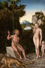 Family with slain lion, painting by Lucas Cranach the Elder, 4 October 1472, 16 October 1553, one of the most important German painters, graphic artists and book printers of the Renaissance, Historica...