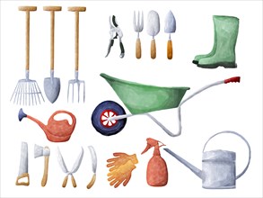 Watercolor drawing of gardening tools over white background