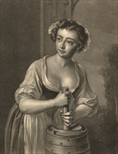 Housewife making butter in a butter churn, c. 1750, France, The Housewifes Employment. Woman Churning Butter, after a painting of Philippe Mercier