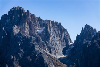 The peaks of the Sassolungo Group and Sassolungo Pass, Val Gardena, Dolomites, South Tyrol, Italy, Europe