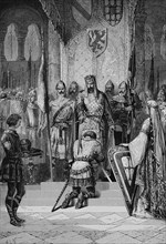 The dubbing, also known as dubbing or adoubement, was the central act in the ceremonies for conferring knighthood in the Middle Ages, Historical, digitally restored reproduction from a 19th century or...