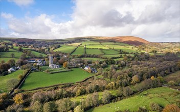 St Pancras Church in Widecombe in the Moor from a drone, Haytor Rocks, Dartmoor National Park, Devon, England, United Kingdom, Europe