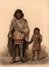 Portrait of Akaitcho, a Copper Indian, and Chief of the Yellowknives, and his son, Native American and boy, dressed in skin and fur clothing. The man holds a rifle, and both wear gloves, Historic, dig...