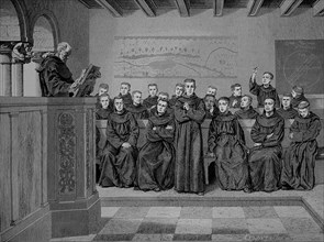 Young monks, novices, teaching in the monastery school in the Middle Ages, Historical, digitally restored reproduction from a 19th century original