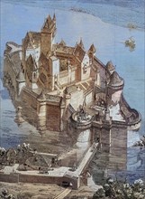 Medieval ideal of a water castle, Historical, digitally restored reproduction of an original from the 19th century, exact date unknown