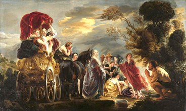 Episode from the Odyssey by Homer. Odysseus, naked and exhausted after a shipwreck, frightens the princess Nausicaa and her retinue of maidens, painting by Jacob Jordaens, Historical, digitally restor...