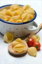 Conchiglie in pots, shell pasta, pasta