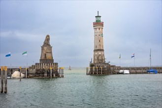 Lighthouse in bad weather, Lindau Island, Lake Constance, Germany, Europe