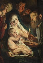 The Holy Family with the Shepherds, Painting by Jacob Jordaens, Historical, Digitally restored reproduction of a historical work of art