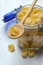 Conchiglie, shell pasta in glass container with cooking spoon, pasta