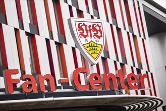 VfB Stuttgart, Fan Centre with club crest in Mercedesstrasse in Bad Cannstatt, Stuttgart, Baden-Wuerttemberg, Germany, Europe