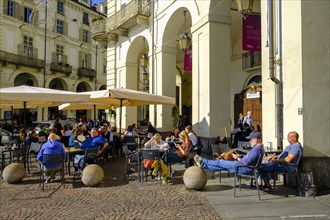 Street cafes in Piazza Vittorio Veneto, Turin, Piedmont, Italy, Europe