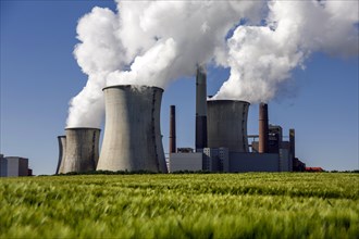 Neurath lignite-fired power plant in the Rhenish coalfield, fields, agriculture, Grevenbroich, North Rhine-Westphalia, Germany, Europe
