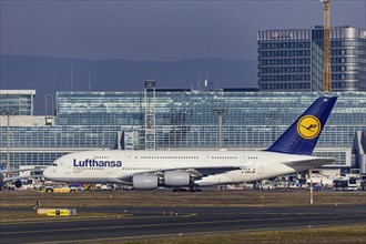 Lufthansa Airbus A380-800 with the name Germany, taxiway at the airport terminal, Frankfurt am Main, Hesse, Germany, Europe