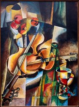 Oil painting by Volker von Mallinckrodt in Cubist style with guitars, apples and red wine Cubism