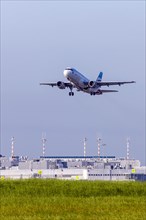 Taking off aircraft, Duesseldorf Airport, DUS, Airport International, Duesseldorf, North Rhine-Westphalia, Germany, Europe