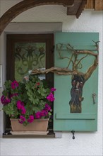 Window decorated with a flower box and a rootstock, Allgaeu, Bavaria, Germany, Europe