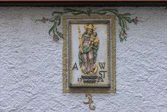 Porcelain relief of Mary with the Child Jesus, on a house wall, Bad, Hindelang, Allgaeu, Bavaria, Germany, Europe