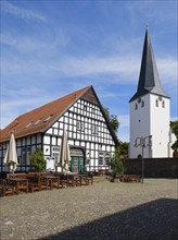 Rahningscher Hof, farmhouse, half-timbered house, Laurentius Church, Buende, East Westphalia, North Rhine-Westphalia, Germany, Europe