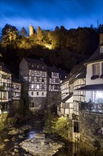 Historic Old Town Monschau in the Evening, Haller Ruin, Medieval Castle, Eifel, Northern Eifel, Monschau, North Rhine-Westphalia, North Rhine-Westphalia, Germany, Europe