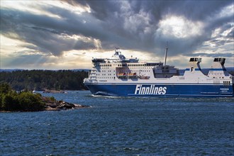 Finnswan ferry, Finnlines shipping company, Shipping in the Archipelago, Archipelago National Park, Skaergardshavets National Park, Evening sky, Turku, Finland, Europe