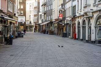 Empty pedestrian zone Bergerstrasse in the old town in the morning, Duesseldorf, North Rhine-Westphalia, Germany, Europe
