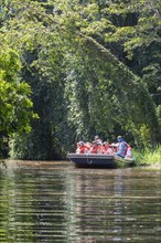 Tortuguero National Park, Costa Rica, Tourists ride a boat on a wildlife viewing excursion on Cano Palma river, Central America