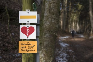 Signs for a heart path, Obertrubach, Upper Franconia, Bavaria, Germany, Europe