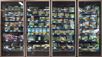 Various frozen vegetable foods in freezers in a supermarket, Bavaria, Germany, Europe
