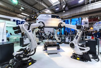 At the IBG company, robots produce an electric vehicle, robotics, Hanover Fair, Lower Saxony, Germany, Europe