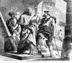 Saneballat's letter to Nehemiah, Saneballat, men, group, give, wall, building, outdoors, staff, read, Bible, Old Testament, The Book of Nehemiah, chapter 6, verse 5, historical illustration c. 1850