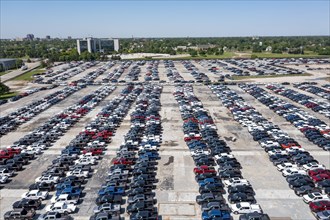 Hamtramck, Michigan, New Ford F-150 pickup trucks and other truck models are parked, unable to be sold, during the global shortage of semiconductor chips