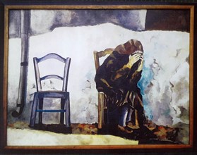 Oil Painting of a Mourning or Sad Old Woman