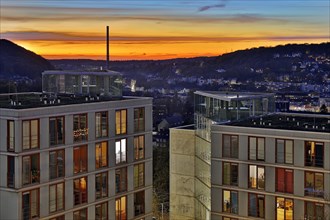 Atmospheric view of the Burse student dormitory from the university at sunset, Wuppertal, North Rhine-Westphalia, Germany, Europe