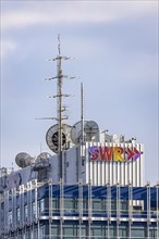 Suedwestrundfunk SWR, broadcasting centre in Neckerstrasse, exterior view with antennas and logo, Stuttgart, Baden-Wuerttemberg, Germany, Europe