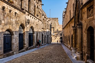 Knights Street in Old Town from the time of the Order of St. John, the only surviving 16th century street in late Gothic style, Oddos Ippoton, Rhodes Town, Greece, Europe