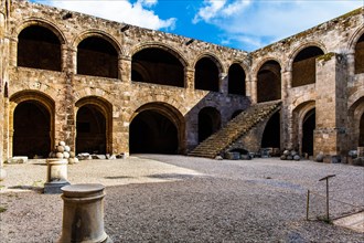 Two-storey building with a large courtyard and surrounding arcade, Archaeological Museum in the former Order Hospital of the Knights of St John, 15th century, Old Town, Rhodes Town, Greece, Europe