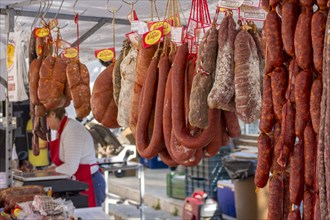 Weekly market, market sale of various sausages, Pollensa, Majorca, Balearic Islands, Spain, Europe