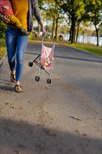 Mother carrying a pram and a child. Bonn, Germany, Europe